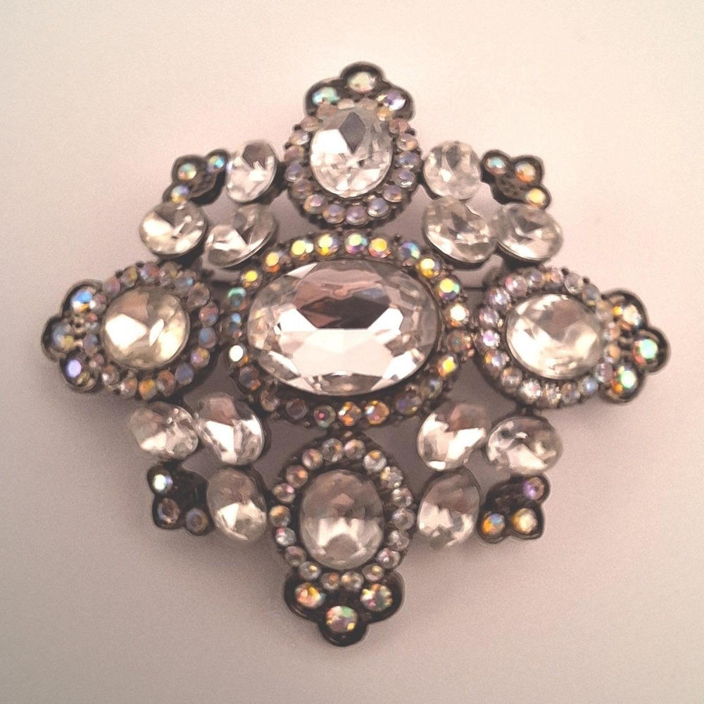 Vintage Maltese cross brooch cluster oval glass stone AB stones antique tone